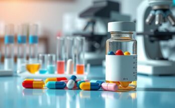 Kapsul dan botol obat dengan latar belakang laboratorium, mewakili penelitian deteksi dini melalui resep obat.
