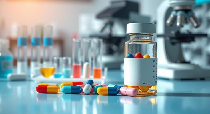 Kapsul dan botol obat dengan latar belakang laboratorium, mewakili penelitian deteksi dini melalui resep obat.