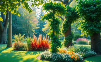Pemandangan taman dengan pepohonan hijau dan tanaman warna-warni, merefleksikan kesehatan dan kehidupan.