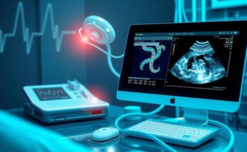 Ilustrasi teknologi medis dengan ultrasound dan perlakuan jarak jauh untuk kesehatan, dengan warna biru dan hijau.