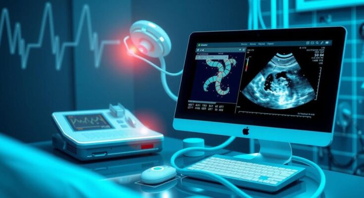 Ilustrasi teknologi medis dengan ultrasound dan perlakuan jarak jauh untuk kesehatan, dengan warna biru dan hijau.