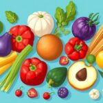 Ilustrasi dengan sayuran dan makanan sehat pada latar belakang biru, menggambarkan pentingnya pola makan sehat untuk kesehatan.