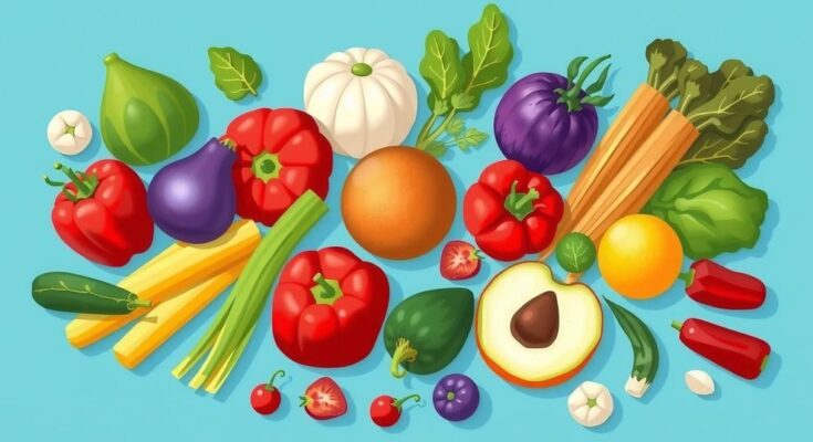 Ilustrasi dengan sayuran dan makanan sehat pada latar belakang biru, menggambarkan pentingnya pola makan sehat untuk kesehatan.