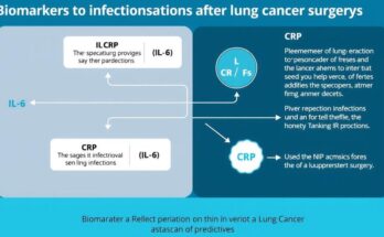 Diagram showing biomarkers associated with postoperative infections in lung cancer surgery with indicated biomarkers levels.