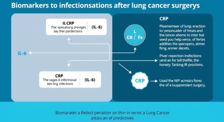 Diagram showing biomarkers associated with postoperative infections in lung cancer surgery with indicated biomarkers levels.