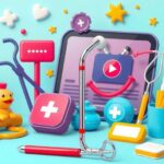 Visual representation of health education through engaging videos, featuring medical tools and vibrant colors.