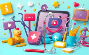 Visual representation of health education through engaging videos, featuring medical tools and vibrant colors.