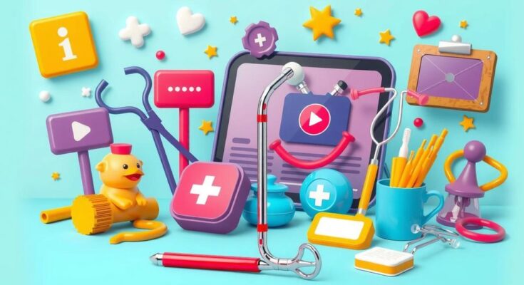 Visual representation of health education through engaging videos, featuring medical tools and vibrant colors.