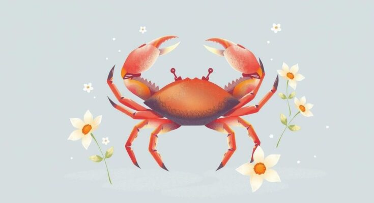 Horoskop mingguan untuk Cancer dengan warna lembut dan suasana tenang, simbol kepiting, refleksi emosi dan ketenangan.