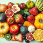 Grafik sehat yang menggambarkan pola makan seimbang, dengan buah-buahan dan sayuran berwarna cerah di latar yang menyegarkan.