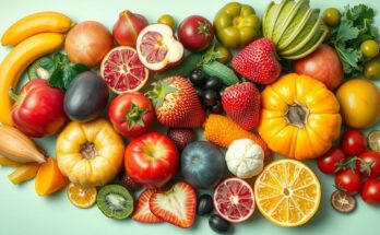Grafik sehat yang menggambarkan pola makan seimbang, dengan buah-buahan dan sayuran berwarna cerah di latar yang menyegarkan.