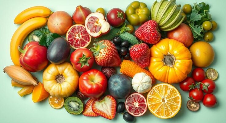 Grafik sehat yang menggambarkan pola makan seimbang, dengan buah-buahan dan sayuran berwarna cerah di latar yang menyegarkan.