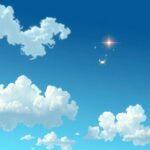 Langit biru dengan awan putih lembut, simbol kepiting dan bintang bercahaya, menciptakan suasana romantis dan tenang.