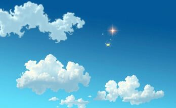 Langit biru dengan awan putih lembut, simbol kepiting dan bintang bercahaya, menciptakan suasana romantis dan tenang.