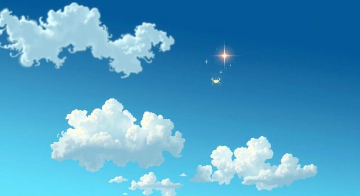 Langit biru dengan awan putih lembut, simbol kepiting dan bintang bercahaya, menciptakan suasana romantis dan tenang.
