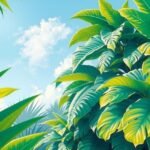 Pemandangan tropis dengan daun hijau segar, langit cerah dan nuansa warna pastel menenangkan.