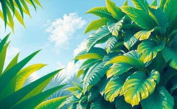 Pemandangan tropis dengan daun hijau segar, langit cerah dan nuansa warna pastel menenangkan.