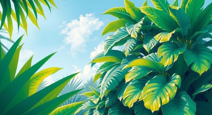 Pemandangan tropis dengan daun hijau segar, langit cerah dan nuansa warna pastel menenangkan.