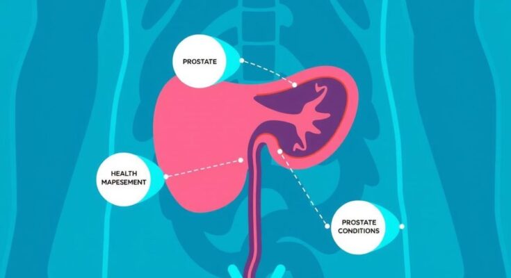 Gambar ilustrasi dengan tema kesehatan pria mewakili kondisi prostat, dengan palet warna biru dan hijau.