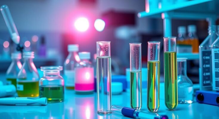 Uji baru untuk pasien kanker payudara dengan latar belakang laboratorium dan alat ilmiah.