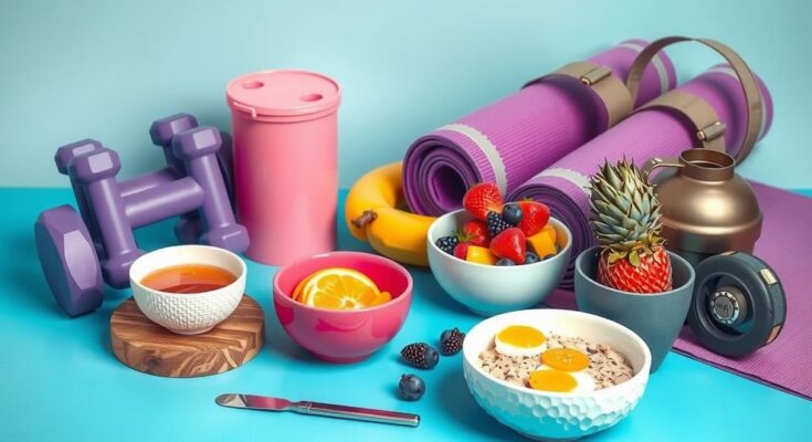 Ilustrasi sehat dengan latar belakang pagi, peralatan olahraga dan sarapan bergizi dalam palet warna cerah.
