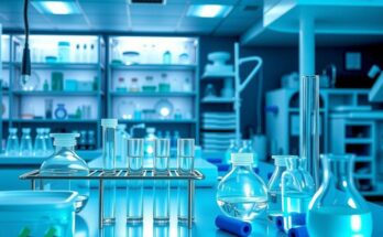 Ruang laboratorium biomedis dengan bahan kimia, tabung reaksi, dan alat penelitian inovatif.