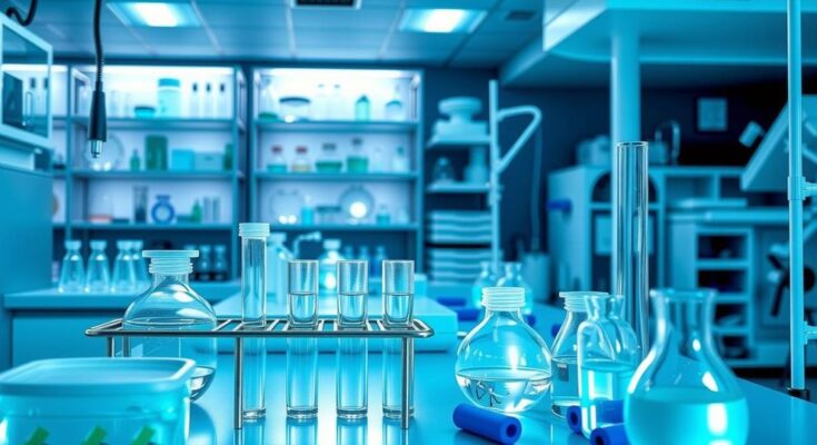 Ruang laboratorium biomedis dengan bahan kimia, tabung reaksi, dan alat penelitian inovatif.