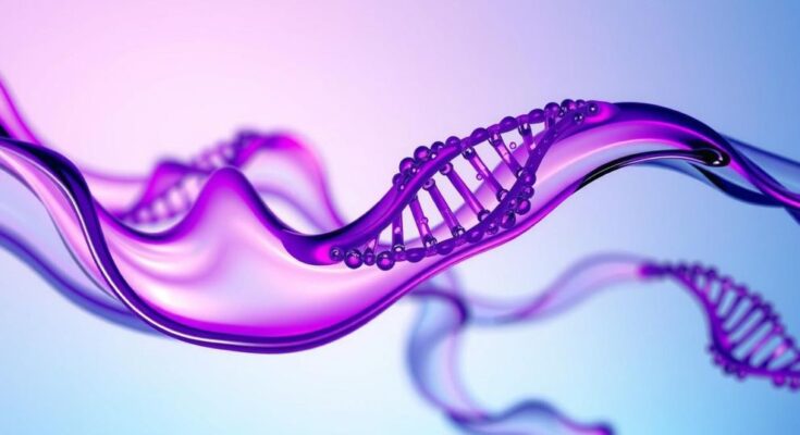 Siluet cairan berwarna dengan struktur RNA, menandakan inovasi dalam deteksi kanker kolon.