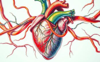 Ilustrasi pensil warna dari jantung dengan pembuluh darah sehat yang mengalirkan nutrisi ke otot.