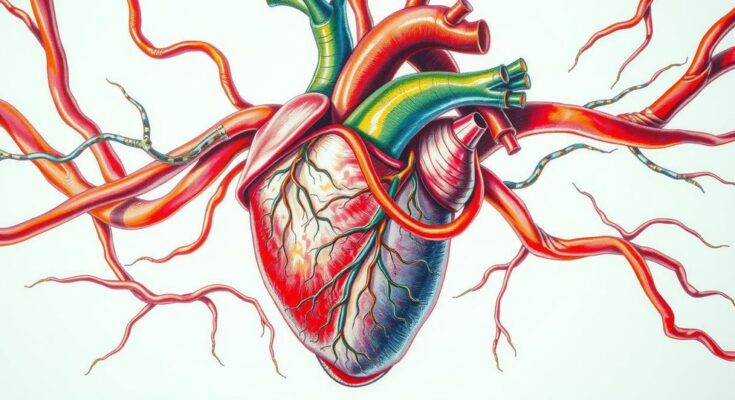 Ilustrasi pensil warna dari jantung dengan pembuluh darah sehat yang mengalirkan nutrisi ke otot.