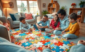 Tim jigsaw yang mengatur puzzle raksasa di ruang tamu nyaman, dengan palet warna hangat dan nuansa ceria.