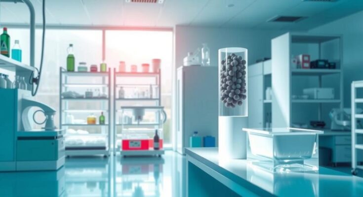 Transplantasi sel punca mismatched dengan latar belakang laboratorium ilmiah dalam warna biru dan hijau.