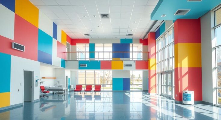 Ruangan baru pusat kanker dengan panel transparan berwarna cerah dan jendela besar untuk pencahayaan.