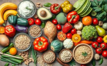 Webinar tentang nutrisi dan diet dengan elemen visual yang menggambarkan makanan bergizi dan beragam.