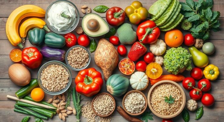 Webinar tentang nutrisi dan diet dengan elemen visual yang menggambarkan makanan bergizi dan beragam.