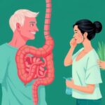 Ilustrasi peningkatan kanker gastrointestinal pada orang di bawah 50 tahun, dengan tema kesehatan dan pola makan.
