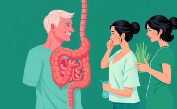 Ilustrasi peningkatan kanker gastrointestinal pada orang di bawah 50 tahun, dengan tema kesehatan dan pola makan.