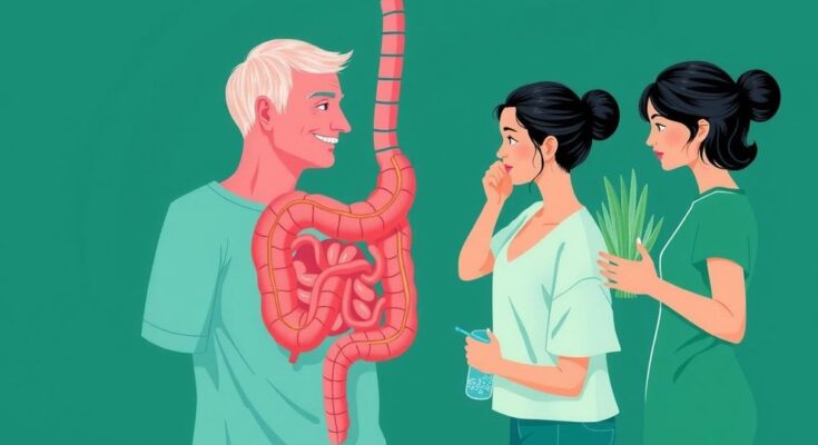 Ilustrasi peningkatan kanker gastrointestinal pada orang di bawah 50 tahun, dengan tema kesehatan dan pola makan.