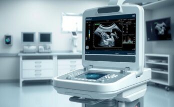 Alat ultrasound canggih untuk deteksi kanker, menggambarkan peralatan medis modern dalam ruang klinis.