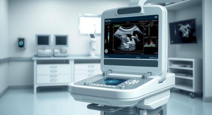 Alat ultrasound canggih untuk deteksi kanker, menggambarkan peralatan medis modern dalam ruang klinis.