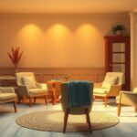 A tranquil indoor space with chairs arranged in a circle, soft lighting, and a warm color palette, signifying support and healing.