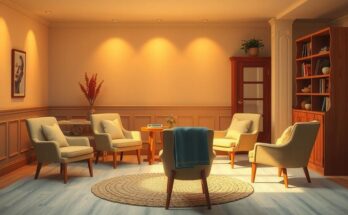 A tranquil indoor space with chairs arranged in a circle, soft lighting, and a warm color palette, signifying support and healing.