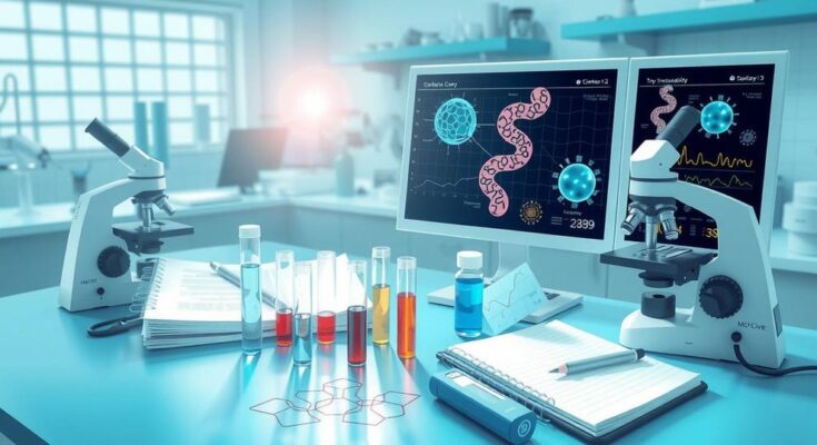 Ilustrasi penelitian kemoterapi dan imunoterapi untuk kanker usus besar dengan latar belakang laboratorium.