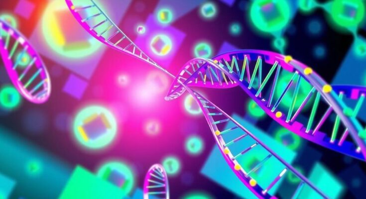 DNA aptamers targeting leukemia stem cells with vibrant colors and geometric patterns representing cancer research art.