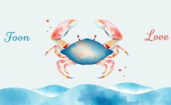 Ilustrasi ramalan zodiac Cancer dengan tema kekayaan, cinta, dan peluang karir dalam desain minimalis.