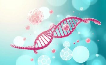 Ilustrasi lncRNA dalam penelitian kanker payudara, latar belakang lembut dan nuansa biru-hijau yang harmonis.