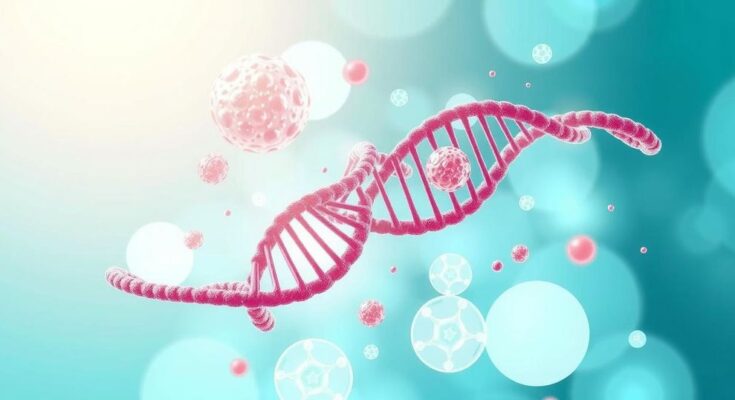 Ilustrasi lncRNA dalam penelitian kanker payudara, latar belakang lembut dan nuansa biru-hijau yang harmonis.
