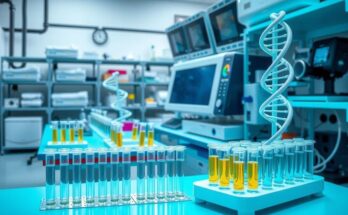 Laboratory setting focusing on genomic sequencing for personalized cancer treatments with test tubes and DNA models.