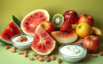 Delicious fruits and nuts like watermelon, kiwi, and yogurt on a table promoting healthy eating for wellness.