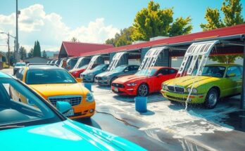 Komunitas berkumpul untuk membantu Pachuco dengan acara cuci mobil di latar belakang mobil berwarna cerah.